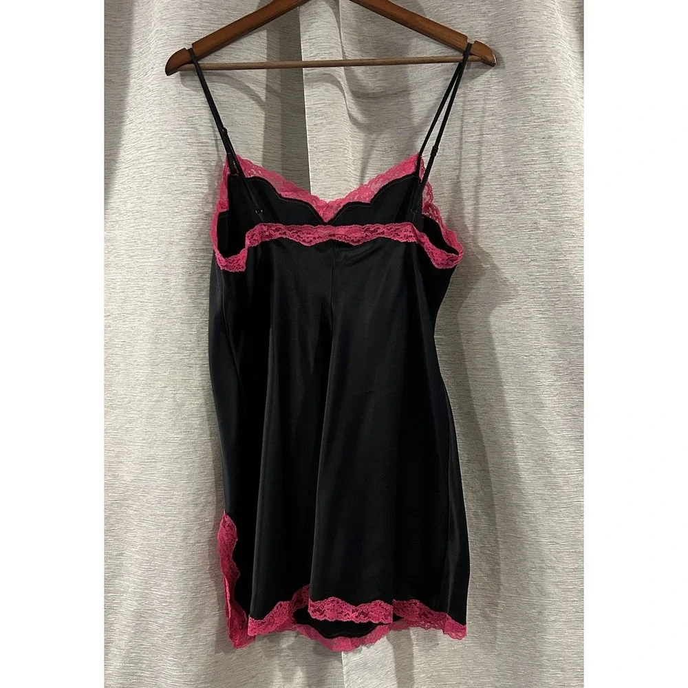 Y2K Vintage Sexy Victoria's‎ Secret Black With Pink Lace Slip Dress Size Large